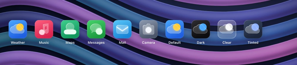 A row of generic app icons followed by one icon in default, dark, clear and tinted material variants over a procedural backdrop.