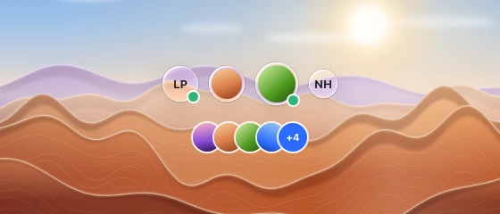 Round avatars with initials or gradient artwork, followed by an overlapping avatar stack over a procedural backdrop.