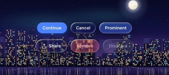 Two rows of capsule buttons in solid primary, clear, tinted, icon, destructive and disabled styles, over a zoomed night skyline.