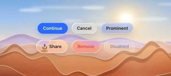 Two rows of capsule buttons showing primary, secondary, tinted, clear, destructive and disabled states over a procedural backdrop.
