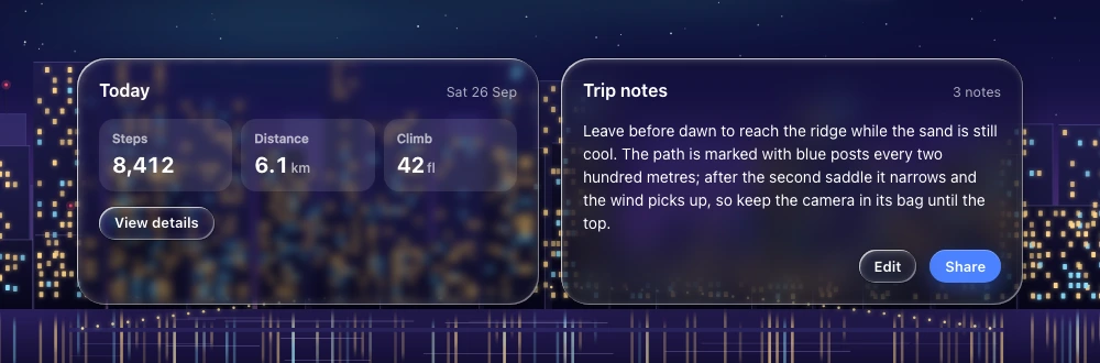 A short statistics card beside a more frosted notes card with actions over a procedural backdrop.
