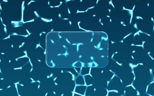A frosted rounded pane over an animated caustic light network on deep teal.