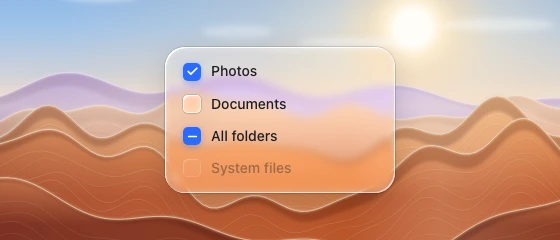 Checked, unchecked, mixed and disabled checkbox rows in a glass panel over a procedural backdrop.