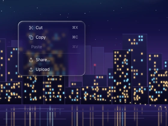 A standalone context menu with shortcuts, a divider and a disabled command, over a zoomed night skyline.