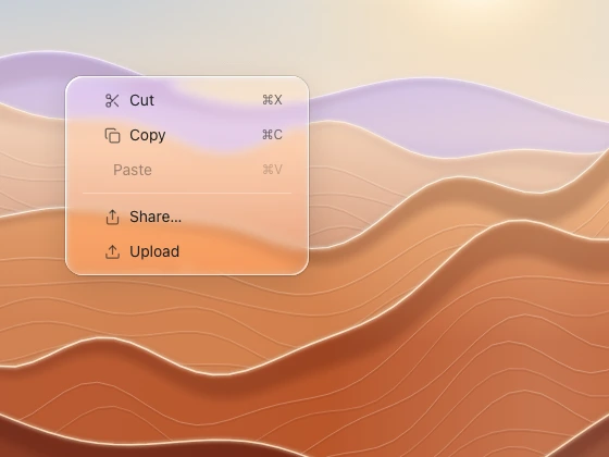 A standalone context menu with shortcuts, a divider and a disabled command, over zoomed desert ridges.
