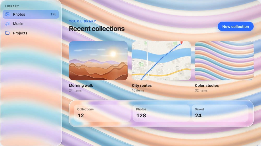 A desktop library window with an edge-to-edge frosted sidebar, three flat collection thumbnails, a solid action button and a glass statistics card, on a backdrop of wavy pastel stripes.