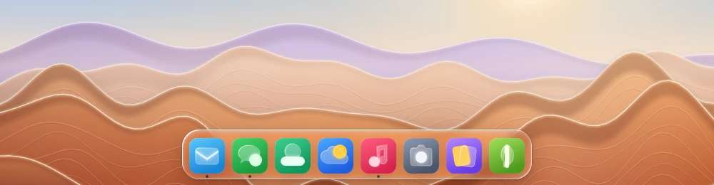 A floating glass dock carrying generic app icons with running indicators over a procedural backdrop.