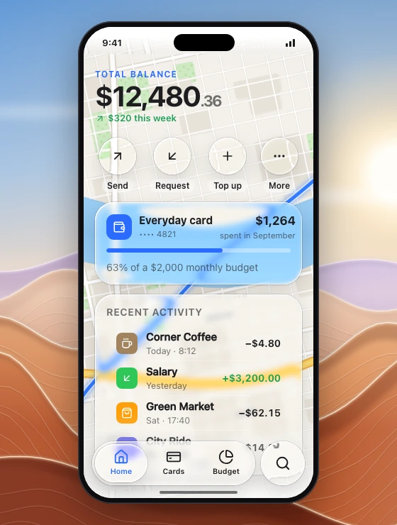 Phone wallet home over a full-bleed street map: flat balance and weekly change, four round glass action lenses with labels, a glass card summary with a flat budget meter, a grouped glass list of transactions with flat icon tiles scrolling under a floating tab bar.