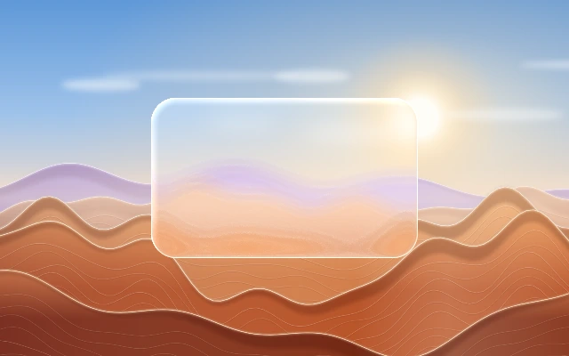 A frosted rounded pane over dunes and sky, with the dune bands blurred inside.