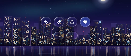 Round icon buttons and shorter capsule variants, including a selected heart over a procedural backdrop.