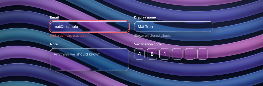 Text inputs showing an error, helper text, multiline entry and verification-code boxes over a procedural backdrop.