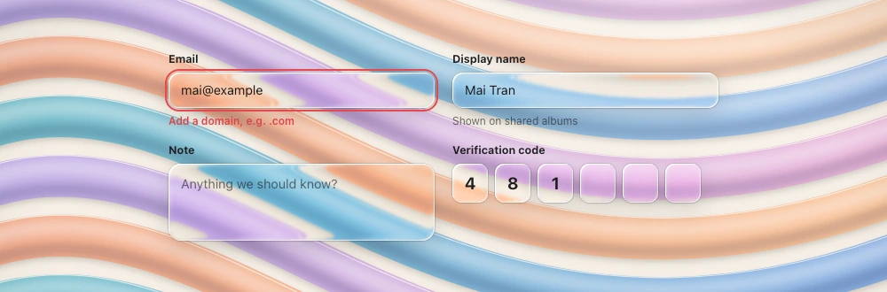 Text inputs showing an error, helper text, multiline entry and verification-code boxes over a procedural backdrop.