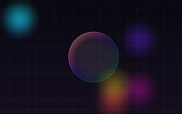 A convex lens over a dark grid with soft colour glows, with a thin-film hue band on its rim.