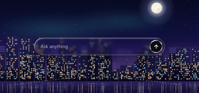 A glass composer bar over a night skyline, with a dark send button ringed in liquid metal.