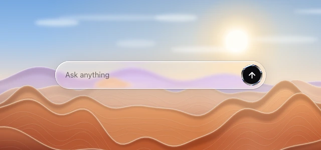A glass composer bar over dunes, with a dark send button ringed in liquid metal.