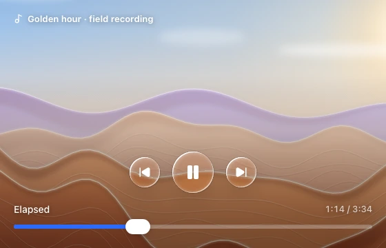 Circular playback controls and a scrubber over a procedural scene dimmed toward the bottom.