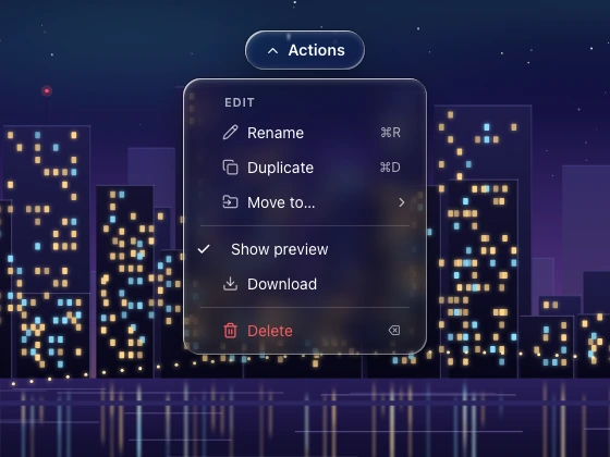 An action menu hanging below its capsule trigger, with icons, shortcuts, dividers and a destructive row, over a zoomed night skyline.