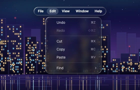 A desktop menu strip with one item open into a dropdown of shortcuts, dividers and disabled items, over a zoomed night skyline.