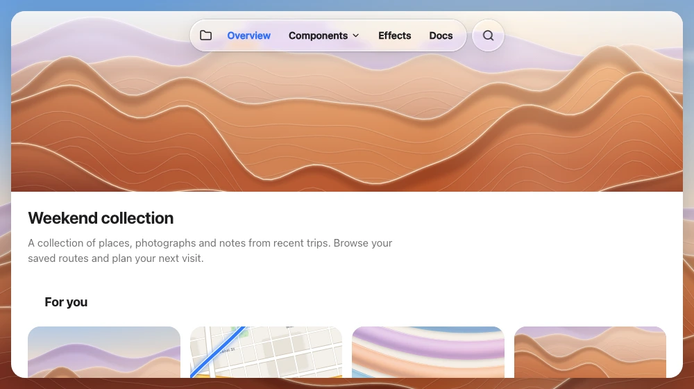 A collection page whose hero of zoomed desert ridges carries a floating capsule navigation bar and a separate round search button.