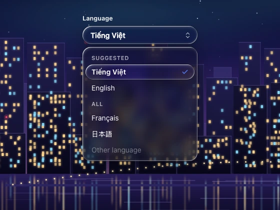 A language selector with its capsule trigger and an open grouped list with a checked option, over a zoomed night skyline.