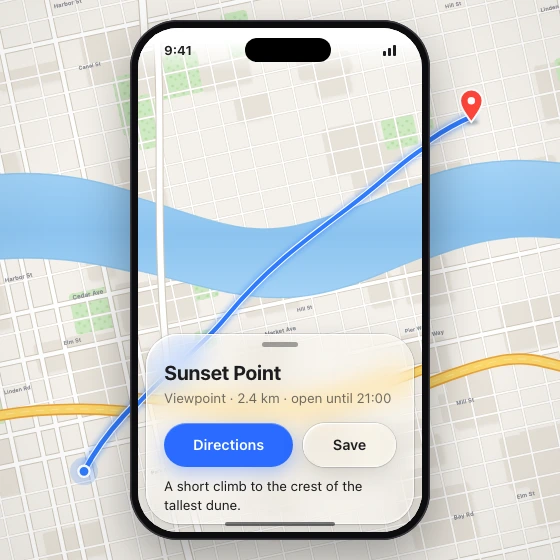 A floating bottom sheet with a grabber, a title, two actions and a short body line, over a street map with a route inside a phone frame.
