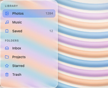 A full-height frosted library sidebar flush with the window edge, with section labels, accent icons, counts and a selected row, over a procedural backdrop.
