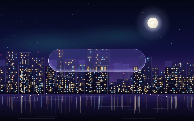 A clear glass capsule over a night skyline, lit by a bright key rim at the top.