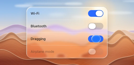 Four switch rows showing on, off, held thumb and disabled states in a glass panel over a procedural backdrop.