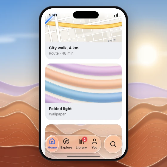 A phone feed with a landscape photo scrolling under an inset floating tab bar, with a selected pill and a separate search lens.