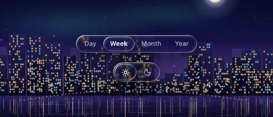 Segmented date-range and appearance controls with inset selected pills over a procedural backdrop.