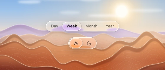 Segmented date-range and appearance controls with inset selected pills over a procedural backdrop.