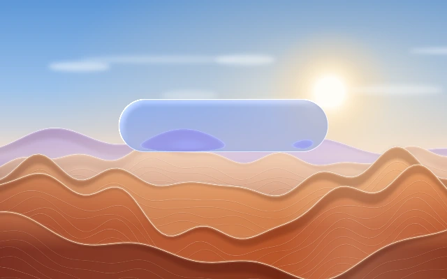 A blue-tinted glass capsule over dunes and sky.