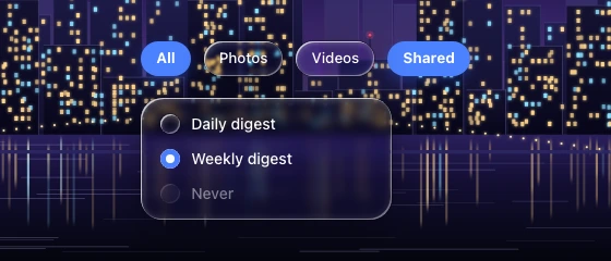 A row of filter chips with two selected, above a glass panel of selected, unselected and disabled radio options, over a zoomed night skyline and its waterline.