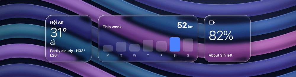 Weather, weekly activity chart and battery widgets side by side over a procedural backdrop.