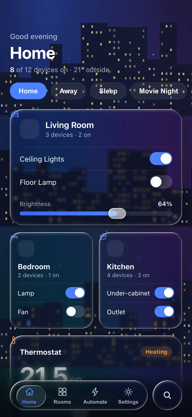 Smart-home dashboard built with Meniscus: glass cards over a night city skyline, room switches and a brightness slider, a floating glass tab bar with a separate round search button.